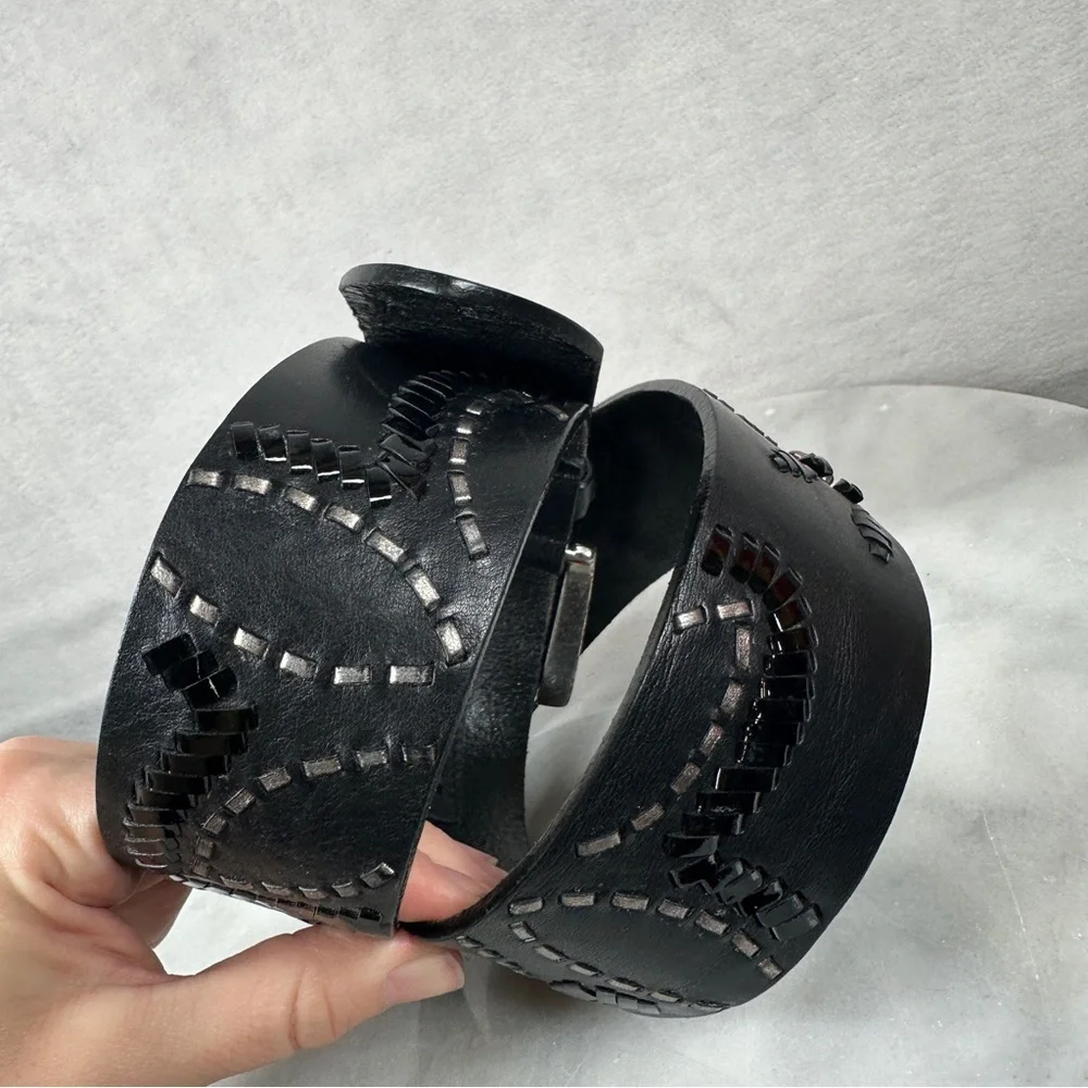 Brighton Black Leather‎ Belt Silver wide floral opera whipstitch bohemian biker